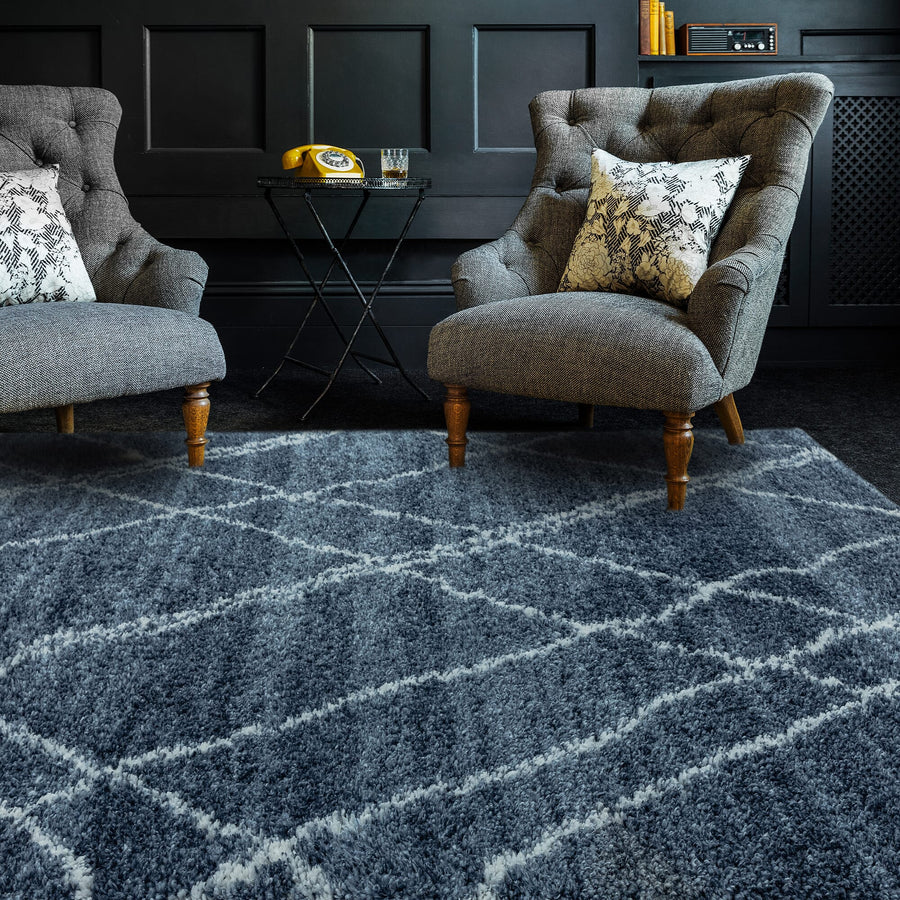 Alto Blue & Cream Moroccan Shaggy Rug AL01