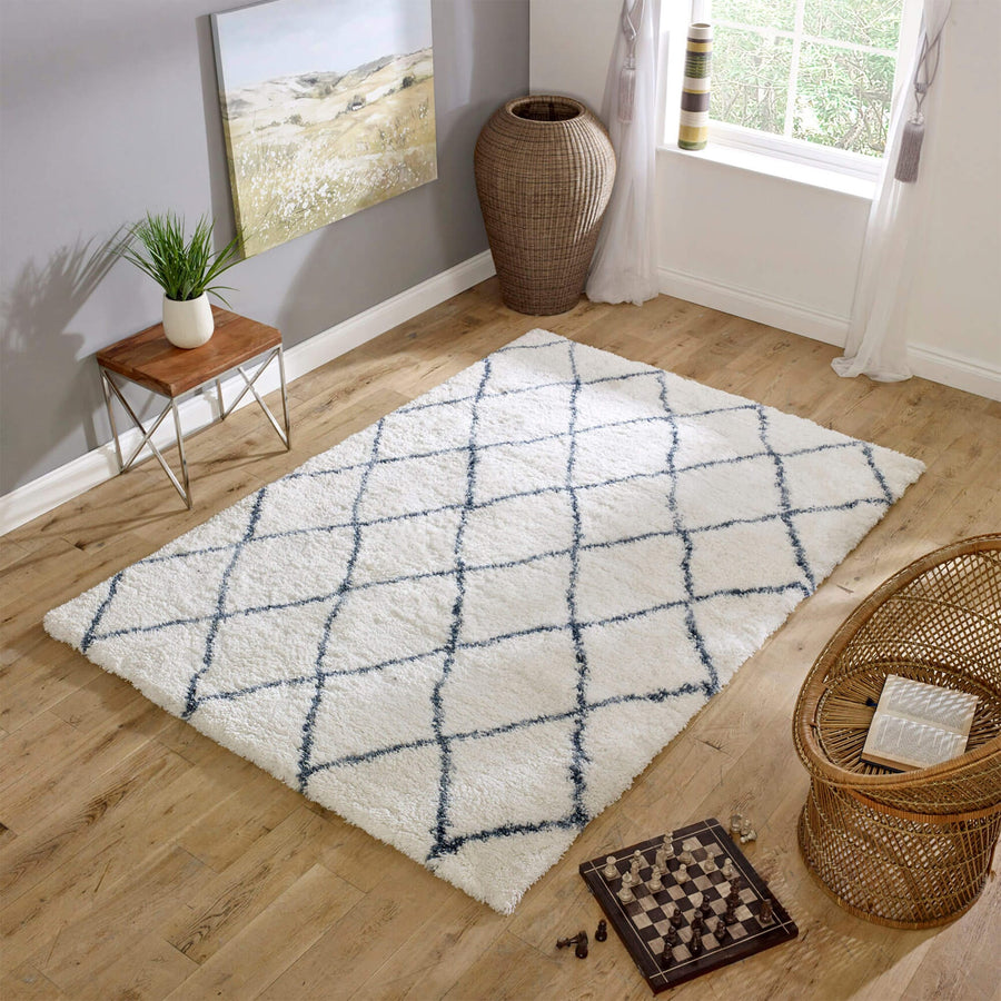 Alto Cream & Blue Moroccan Shaggy Rug AL03
