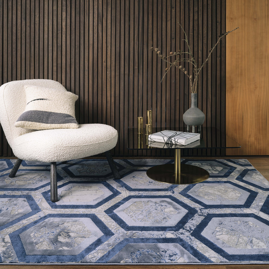 Aurora Hexagon Metallic Blue Rug AU19