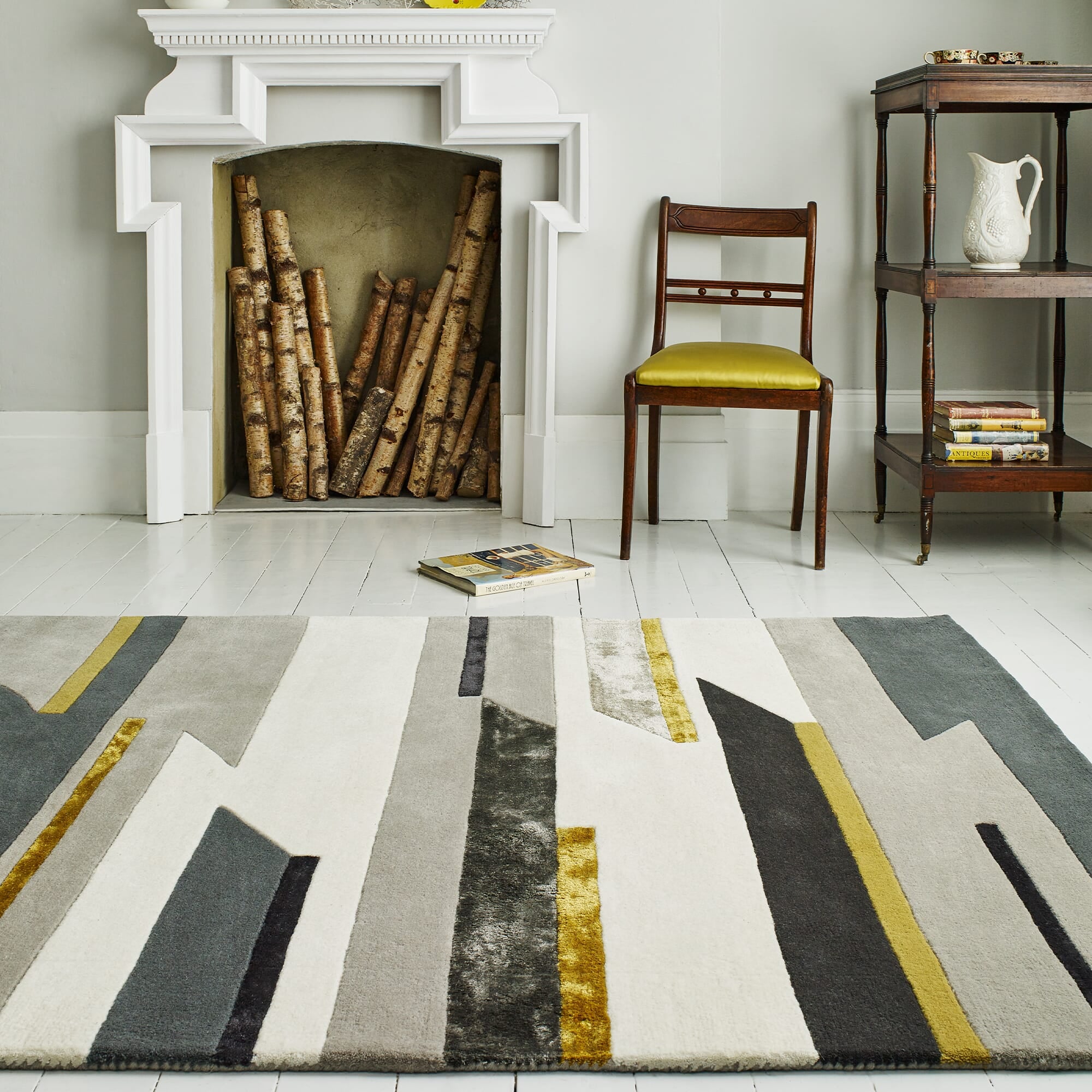 Alfombra de lana mostaza Matrix Rhombus, hecha a mano MAX62