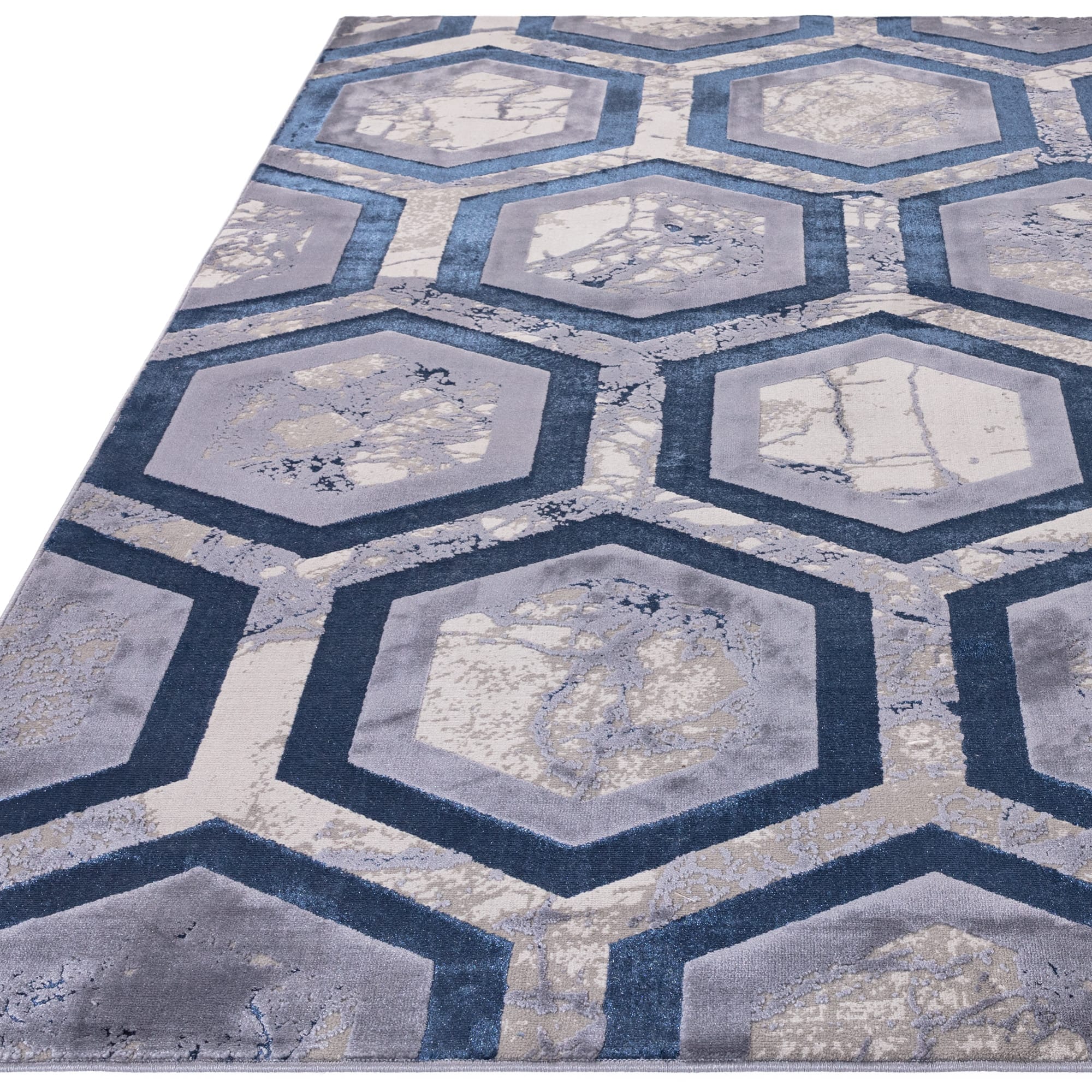 Aurora Hexagon Metallic Blue Rug AU19 - Asiatic Carpets - London