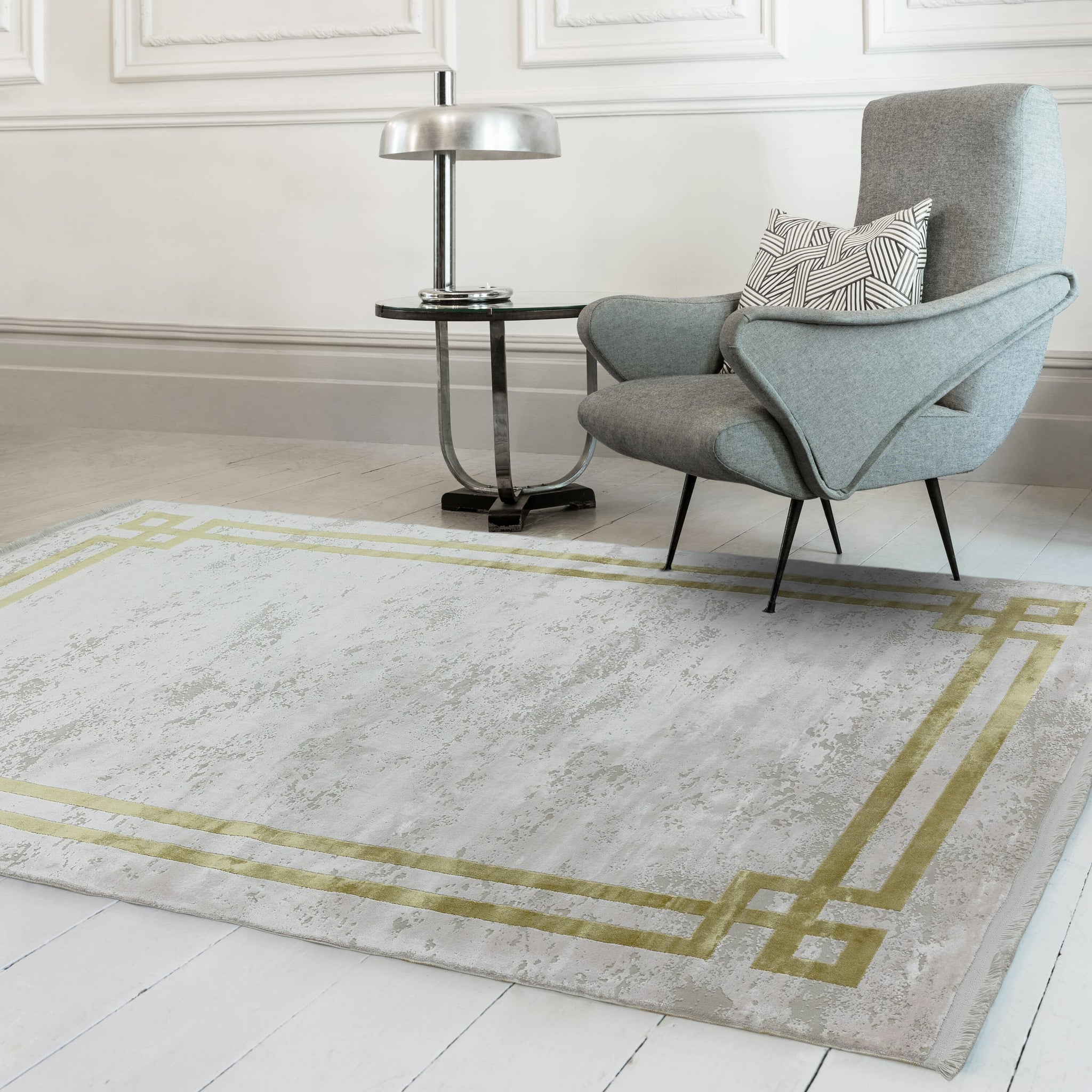 Olympia Grey Gold Border Rug with Fringing OL02