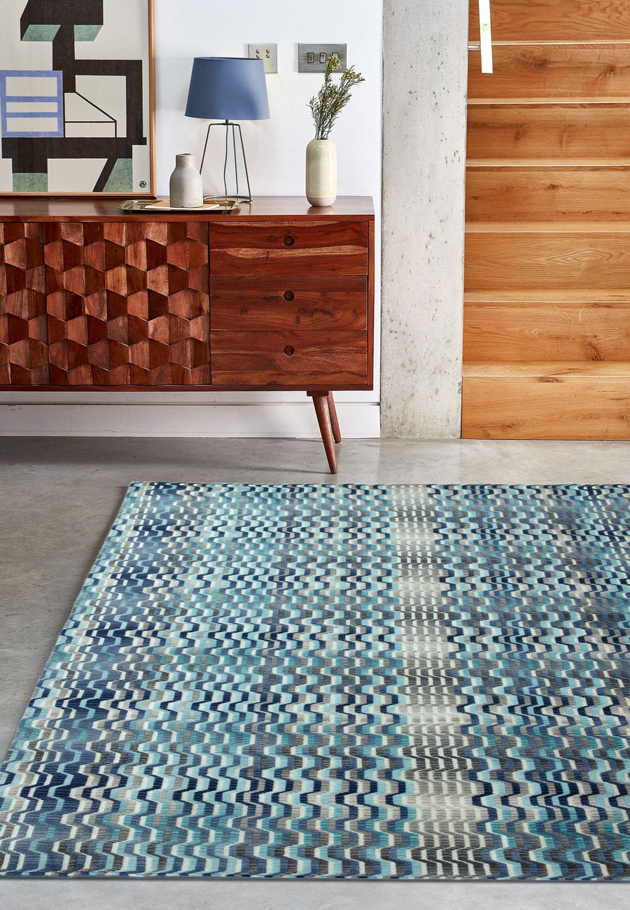 Skye Wave Blue Fringed Rug SK03